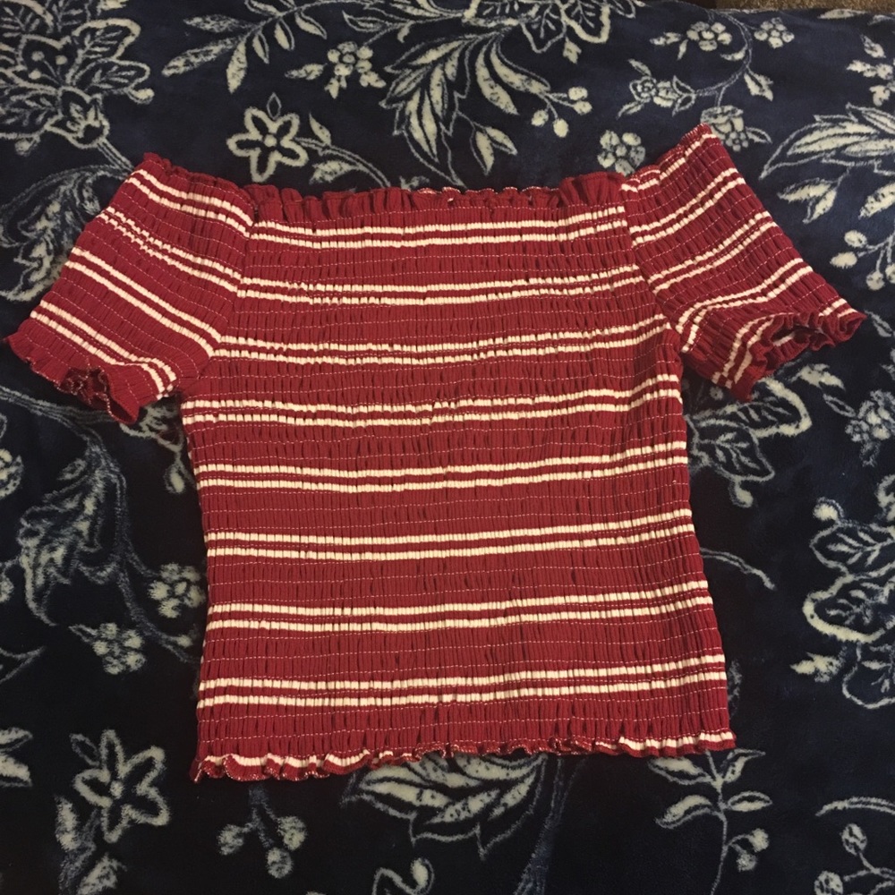 Red and white off the shoulder shirt